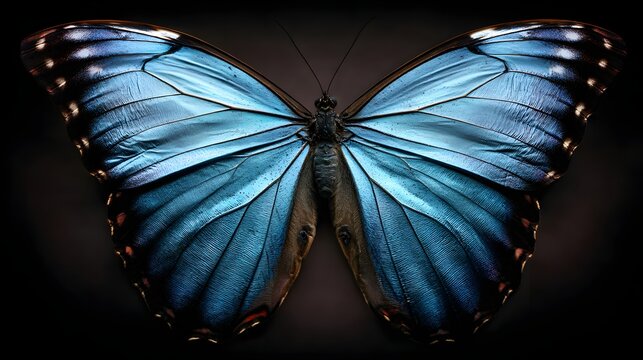 A striking close-up of a vibrant blue butterfly, showcasing intricate wing patterns and textures against a dramatic dark background.