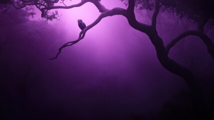 Enigmatic owl perched on twisting branch in mystical purple forest