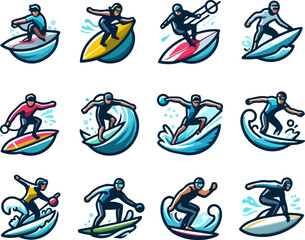 Obraz premium sketch vector illustration image design collection of icons logo symbols characters people surfing on the cool brain modern abstract model