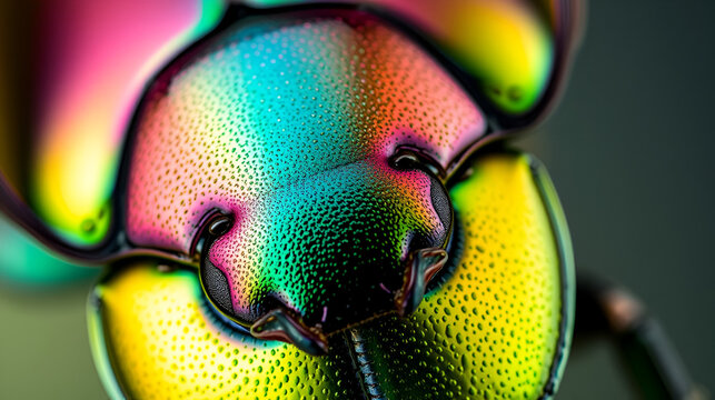 Metallic texture of a colorful dogbane beetle showing iridescent elytra and pronotum