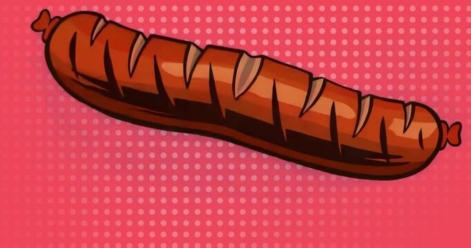 Halftone pattern fading in behind sausage causing gentle wobbling loop over flat pink gradient