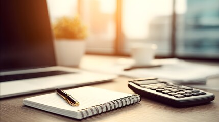 A workspace scene featuring a laptop, notepad, pen, and calculator on a light brown wooden desk, bathed in soft sunlight filtering through a window.