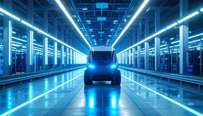 A futuristic vehicle navigates a high-tech, illuminated warehouse facility, showcasing sleek design and advanced technology.