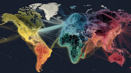This visual represents a colorful map of the world showcasing global trade routes