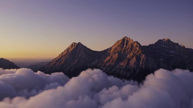 A breathtaking view of rugged mountain peaks rises above a sea of clouds at sunrise, capturing serene beauty and tranquility. This video highlights stunning landscapes, peaceful atmosphere, and the gl