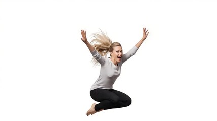 Bounding with Bliss: A spirited blonde woman leaps joyfully in the air, her body language radiating pure elation and unbridled freedom, captured in a crisp, dynamic photograph.