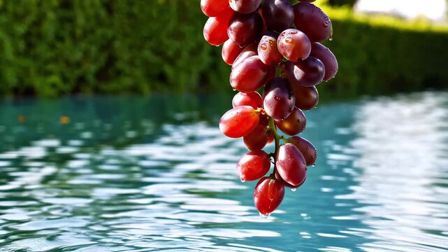 A bunch of ripe red grapes hangs over a sparkling blue pool, reflecting sunlight and vibrant colors. This video beautifully captures the freshness of fruit and the relaxing atmosphere of a sunny outdo