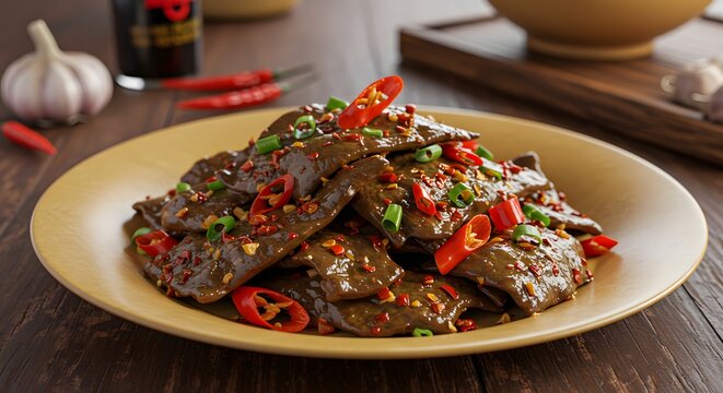 "Piatto Hati Buyah primo piano cucina autentica del Brunei fegato fritto con scaglie di peperoncino"