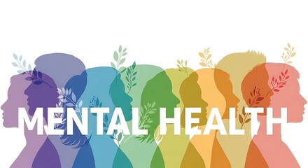 Diverse colorful silhouettes of people with mental health text