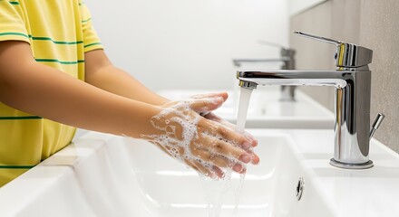 Closeup of a child washing hands with soap and water in a modern bathroom
