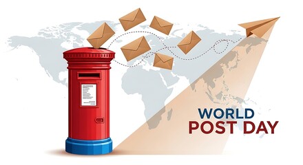 World post day with red mailbox and flying envelopes over world map