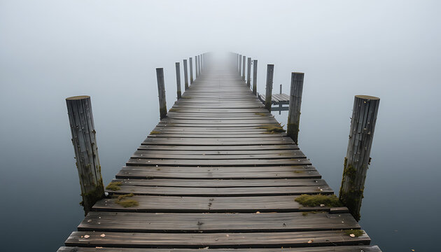 A weathered wooden pier extends into a dense, ethereal fog over calm water, creating a mysterious and atmospheric scene
