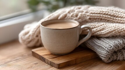 A cozy, warm cup of coffee sits beside knitted sweaters on a wooden table, creating a tranquil and inviting scene.
