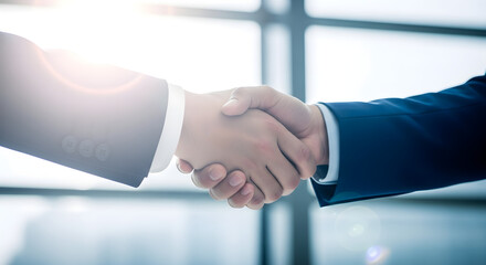 Two businessmen shaking hands, signifying a successful deal or partnership, in a modern office setting.