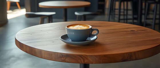 Latte Art Coffee Cup on Wooden Table in Cafe