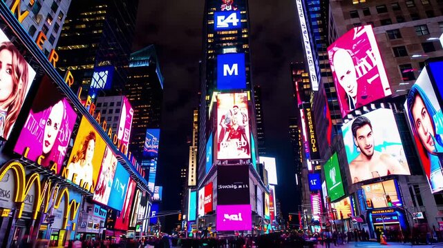 Bright neon billboards illuminate Times Square at night in New York City, surrounded by crowds and vibrant colors. The video immerses viewers in the energetic nightlife, advertising, and stunning city