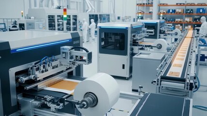 Highvolume electrode coating process with synchronized machines optimizing production flow in a solidstate battery gigafactory.