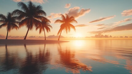 Tropical island paradise at sunset. Silhouettes of palm trees on a sandy beach, reflected in calm ocean water.  Warm, golden hues of the setting sun paint the sky
