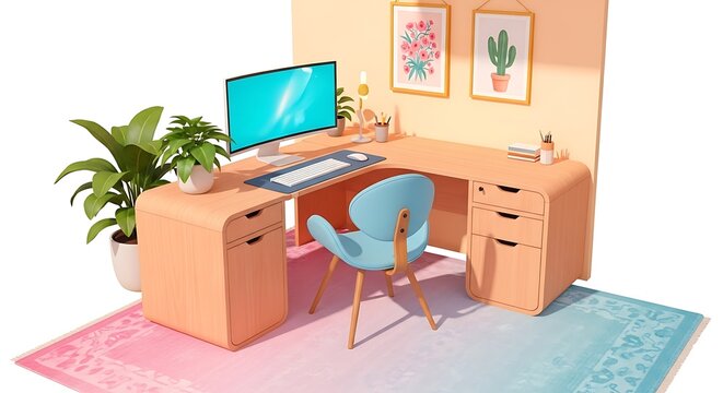 Modern light wood corner desk with a blue chair and computer, isolated on white background