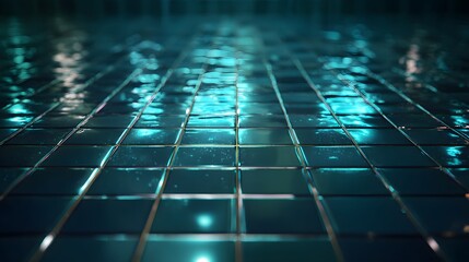 Close-up view of teal-colored square tiles, reflecting ambient light and appearing wet, creating a smooth and shimmering surface.