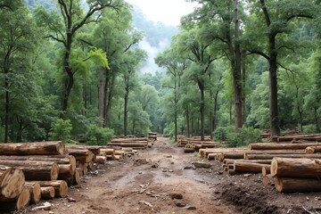 Fototapeta premium A dirt road in the middle of a forest filled with logs