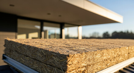 Sustainable straw insulation panels stacked outside modern energy efficient building for ecological construction and green architecture, natural material promotes environmental responsibility