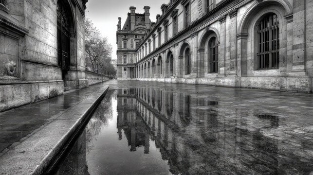 Reflections of a Parisian courtyard on a rainy day.