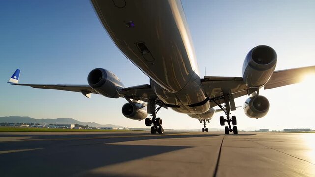 An airplane prepares for takeoff as sunlight shines on the runway, highlighting its sleek design and powerful engines. This video captures the excitement and anticipation of flight from a unique groun