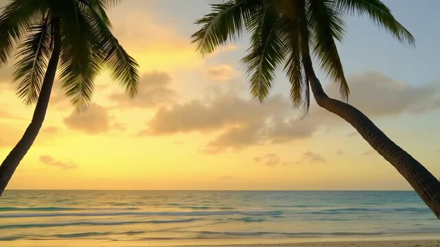 Golden sunlight glows over a calm ocean as palm trees frame a stunning tropical beach at dawn. This video offers a peaceful view of sunrise over gentle waves, inviting relaxation and escape in a parad