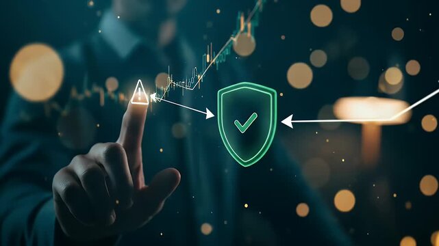 An alert chip near a sparkline fades as a shield fills from outline to solid, finishing with a micro green check in a moody yet measured responsible-AI frame
