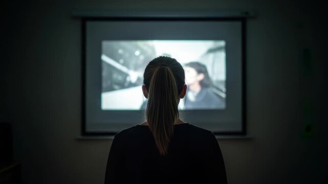 Silhouette woman observing grayscale videos on adjacent projection screens in a dark space