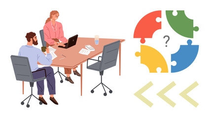Two professionals discussing ideas at a meeting table with charts and laptop while colorful puzzle pieces symbolize problem-solving. Ideal for teamwork, brainstorming, collaboration, workflow