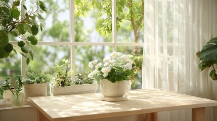 Fototapeta premium Serene Windowsill White Flowers and Plants in Sunlit Room
