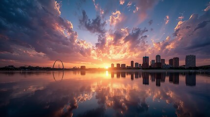 Fototapeta premium A sunset over a city skyline with a reflection in the water