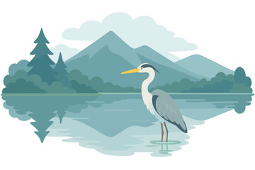 A heron stands serenely in a valley surrounded by autumn scenery, beside a gently flowing river