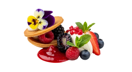 Dessert features berries and a flower between two cookies, decorated with red sauce and mint leaves against a isolated background.