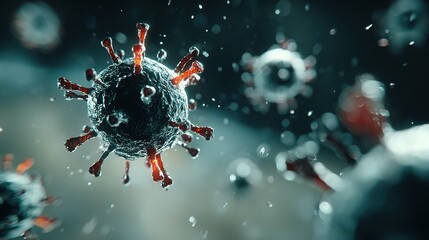 Microscopic view of virus cells floating in a liquid environment.