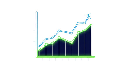 A line chart shows upward trending green and blue lines with a vertical axis and arrow indicator.