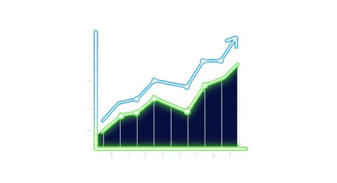 A line chart shows upward trending green and blue lines with a vertical axis and arrow indicator.