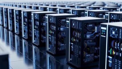 Rows of powerful AI supercomputer units lined up on a build floor with reflective surfaces highlighting the scale of modern data processing centers.
