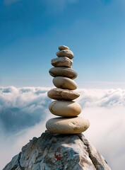 Stacked rocks atop mountain peak, above clouds, sunny day, serenity