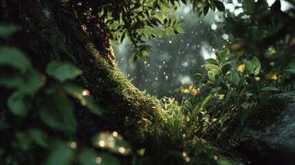 Mystical forest scene with mossy tree and sunlit bokeh particles floating around