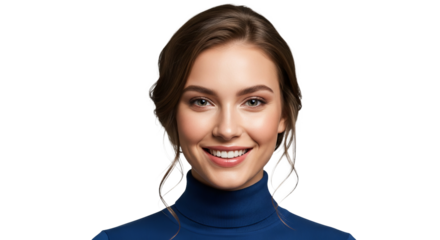 Beautiful Woman Smiles Confidently Wearing a Blue Turtleneck Shirt Against a isolated background.