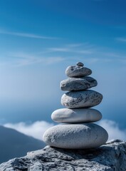 Stacked stones atop mountain, serene cloudscape, mindful zen