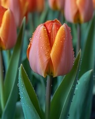 Naklejka premium Beautiful orange tulip flower with water droplets against a soft green background a captivating floral still life image