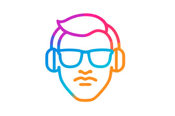 Obraz premium Audio Enthusiast Icon: An illustrative icon captures the essence of a modern audio enthusiast. The sleek design features a person, immersed in sound with stylish headphones and trendy spectacles.