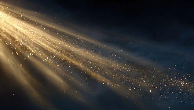 Golden light rays, dark background, dust particles, spotlight effect, design overlay