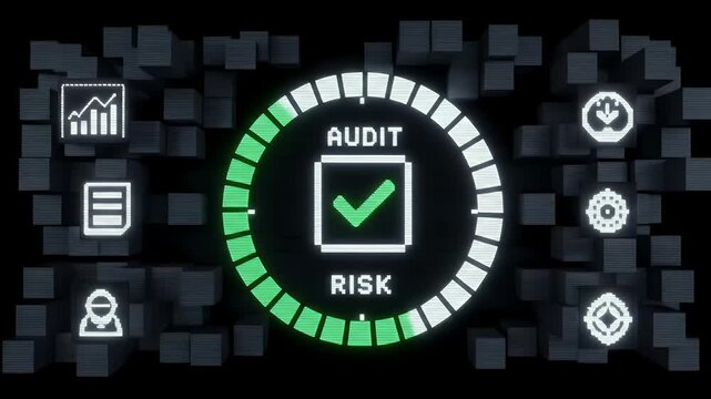 Retro-clean scanline dashboard renders blocky signals as a pixel risk ring completes and a tiny audit check blinks, evoking classic tech within modern restraint