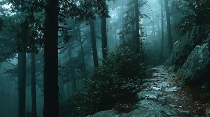Obraz premium A path winds through a dark forest with tall trees and misty atmosphere.