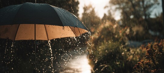rainy day with an umbrella, splashing water droplets in the air, and sunlight shining through the raindrops on a blurred background of greenery Generative AI